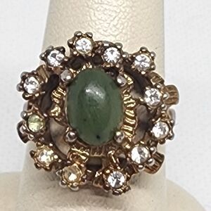 Vintage 18 Karat Gold Electroplated Nephrite & Glass Rhinestones Ring (6)